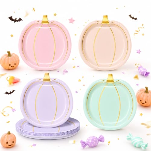 Pastel Pumpkin Disposable Plates for Halloween Fall Thanksgiving Party - 60 Pack, 9 Inch