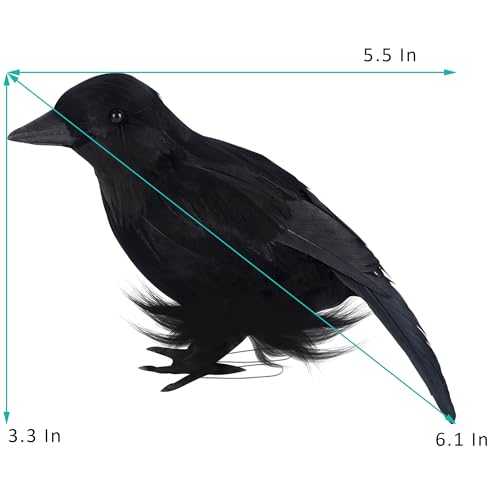 Halloween Black Feathered Crow Decorations Set of 12 - 6.1 Inch Realistic Birds with Bendable Wires