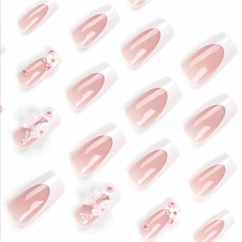Long Nails 6 - Pink Rhinestone Square Fake Nails with Bling Glossy 3D Tips - 24pcs