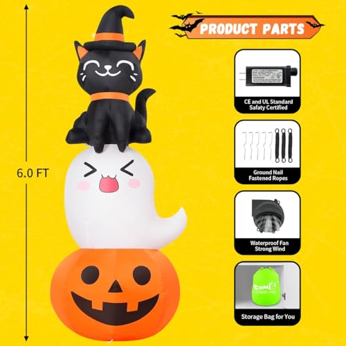 6 Ft Halloween Inflatable Pumpkin Ghost and Black Cat Yard Decor with LEDs