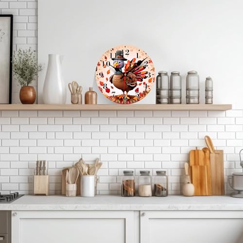 Silent Battery Operated Wall Clock - Cute Thanksgiving Turkey Decor 12 Inch