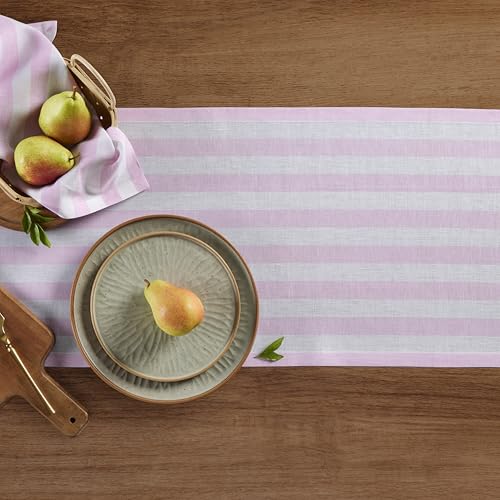 Pure Linen Table Runner Pink & White Stripe 14x90 inches - Handcrafted