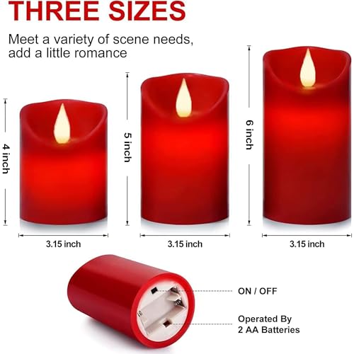 Real Wax Flameless Candles Set - 3 Red Pillar Candles with Remote & Timer