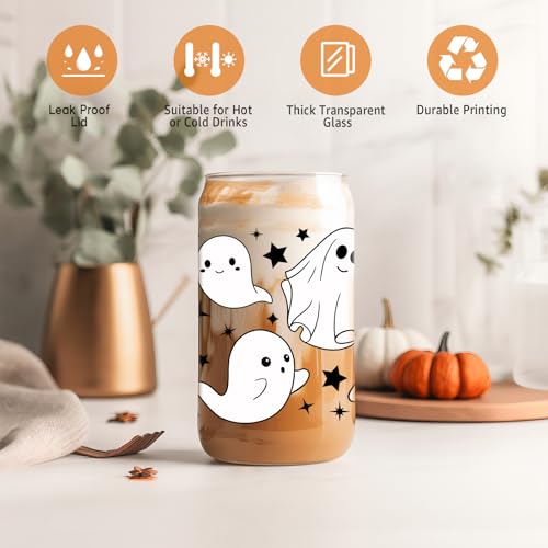 Halloween Ghost 16oz Tumbler Glass Cup with Lid & Straw - Spooky Drinkware