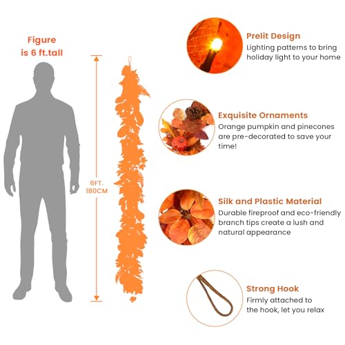 Orange Fall Garland with Lights and Timer - 6ft Autumn Decor with Pumpkins & Leaves