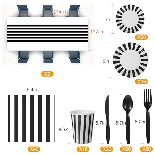 White Black Disposable Dinnerware Set for Parties - 154 Pcs Party Supplies with Napkins & Tablecloths