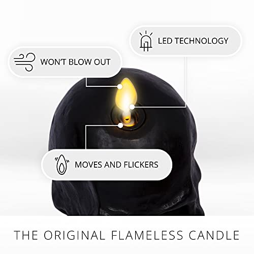 Flameless Skeleton Skull Candle - Black Moving Flame LED Halloween Décor - Small 3.75x4.25 inches