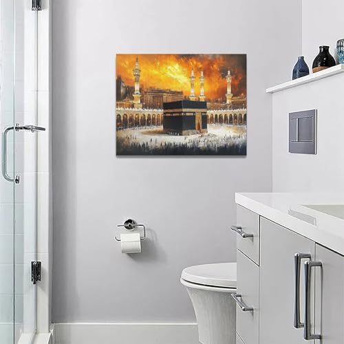 Islamic Mosque Kaaba Wall Art Canvas Print - Black Gold Mecca Faith Decor 16x12