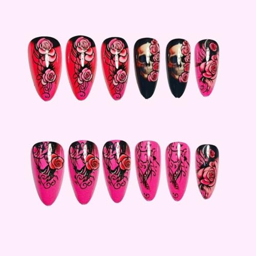 Halloween Press On Nails Medium Almond Skull Flower Floral Design 24Pcs - Black Pink