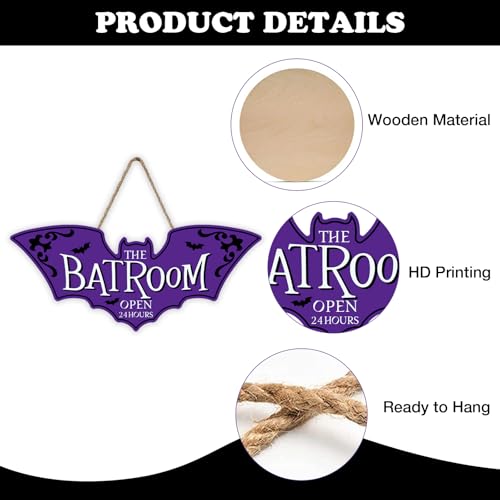Bolisom Bat Shaped Door Sign - The Batroom Open 24 Hours, Purple Gothic Halloween