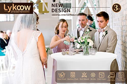 Pure White 3-Pack Spandex Round Cocktail Table Covers with Skirt - 32x43" Fitted High Top Party Wedding Banquet