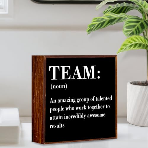 Inspirational Office Decor Wooden Box Sign - Rustic Teamwork Noun Plaque, 5x5 Inches