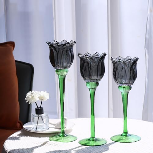 VOHO Black Flower Tealight Candle Holder Set of 3 - Halloween Theme, Votive & Tea Light Sizes, Black Tulip Design (Variation: Black / 3)