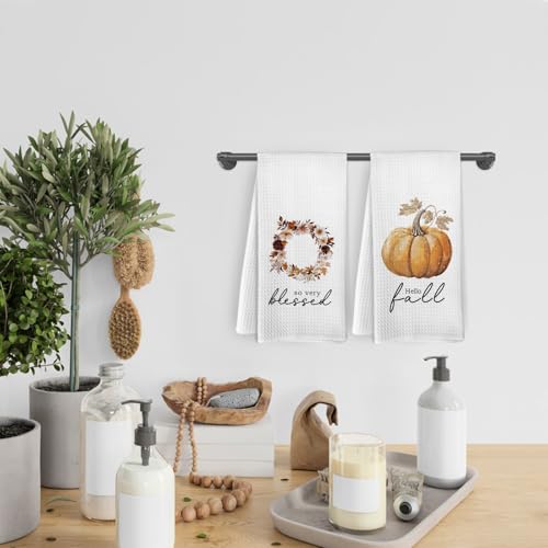 Hello Fall Kitchen Towels and Dishcloths Set of 2 with Fall Wreath - Pumpkin Decor