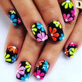 Spring Press-On Nails Black Square with Fluorescent Flowers - W14