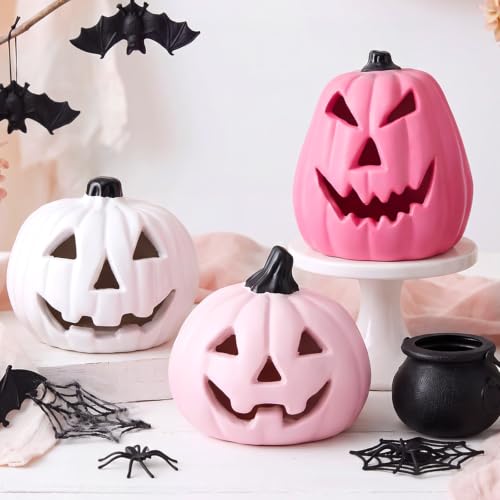 Pink Halloween Pumpkin Decorations Set - Resin Jack O Lanterns with Light-Ready Hollow Bases