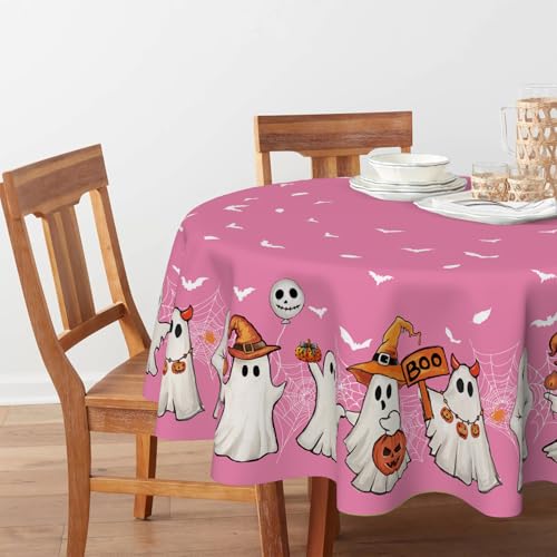 Pink Bat Ghost Pumpkin Halloween Round Tablecloth 90 x 90 Inch - Horaldaily