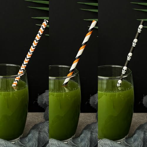 Halloween Paper Straws Set of 200 - Biodegradable Ghost, Skull, Pumpkin, Bat Styles