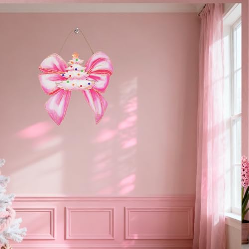 Pink Christmas Door Decoration - Wooden Bow Wreath for Front Door & Wall