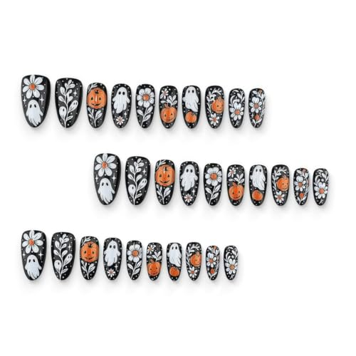 Black Halloween Press-On Nails with Ghosts & Pumpkin Design - Medium Almond Full Cover Fake Nails