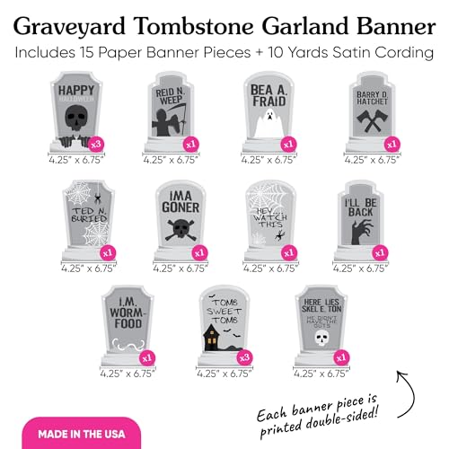 Halloween Tombstone Garland Banner - Spooky Graveyard Decoration - 15 Pieces