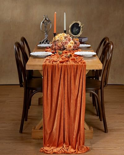 Orange Velvet Table Runner 10ft Long Set of 2 - Rustic Thanksgiving Decor