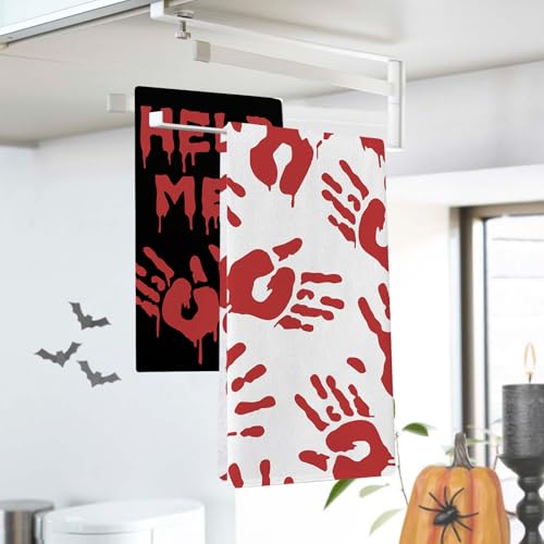Halloween Bloody Hand Prints Kitchen Dish Towels Set of 2 - Help Me