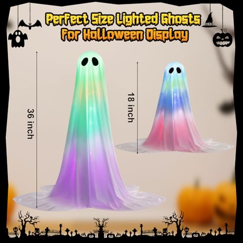 Outdoor Halloween Ghost Decorations Set - 36" & 18" Spooky Light-Up Ghosts with RGB Lighting & Timer