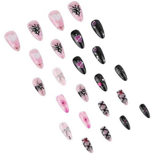 Halloween Fake Nails Set - Colorful Gothic Bat Graffiti Press On Nails, Medium Almond Shape, 24 Pieces with Glue & Tools