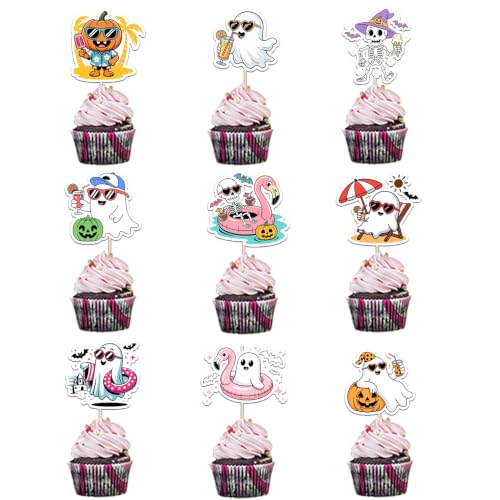 36 Pcs Summer Halloween Cupcake Toppers - Ghost Beach Cake Decorations for Parties
