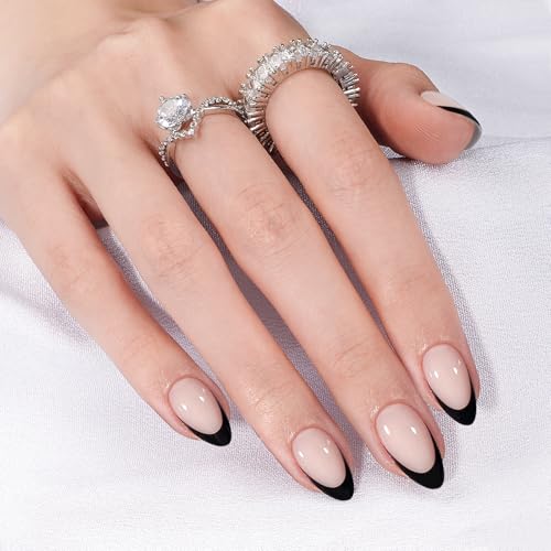 Black French Tip Press On Nails - Short Almond Fake Nails with Glue & Remover, Reusable Manicure Kit