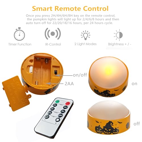 Halloween Battery LED Jack-O-Lantern Pumpkin Lights with Remote & Decals - Orange, 4 Pack