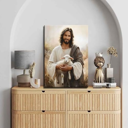 Jesus and Lamb Canvas Wall Art - Wrapped 24"L x 16"W Christian Religious Decor