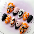 Halloween Mirror Ghost Checkered Press On Nails - Short Almond Fake Nails with Bow and Star Design (Variation: Ghost Checkered)