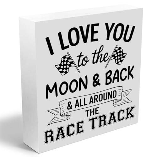 Race Track Wooden Box Sign - Desk Decor with Checkered Flags, Rustic Home Accent