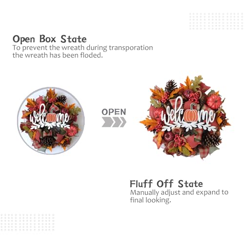 Fall Artificial Maple Leaf Mesh Wreath with Pumpkin and Welcome Sign - Front Door Decor