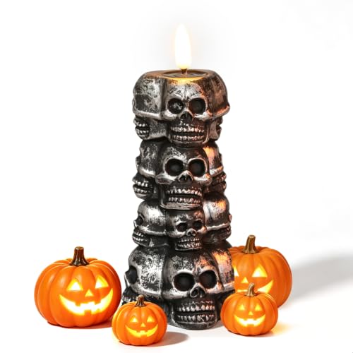 Gothic Skull Halloween Decor with Flickering Flame Effect - Indoor Tabletop Ornament