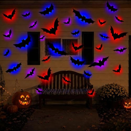 Makevivi 24 Pcs Halloween LED Bat Decorations - 3D Wall Lights for Door & Window - Bat / 12 Pcs