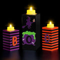 Halloween Wood Candle Holders Set - 3PCS with LED Tea Lights & 3D Carving - Witch Color