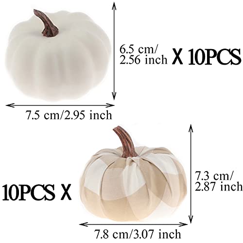 Artificial Mini Pumpkin Decor Set - Beige & White Gingham & Plain Pumpkins for Fall Halloween Thanksgiving