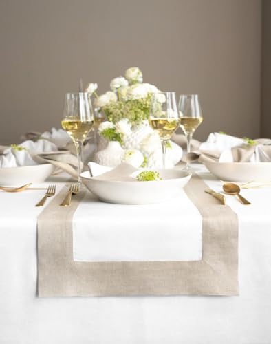 Pure Linen Table Runner 14x120 Inches - Natural & White, Handcrafted, OEKO-TEX Certified