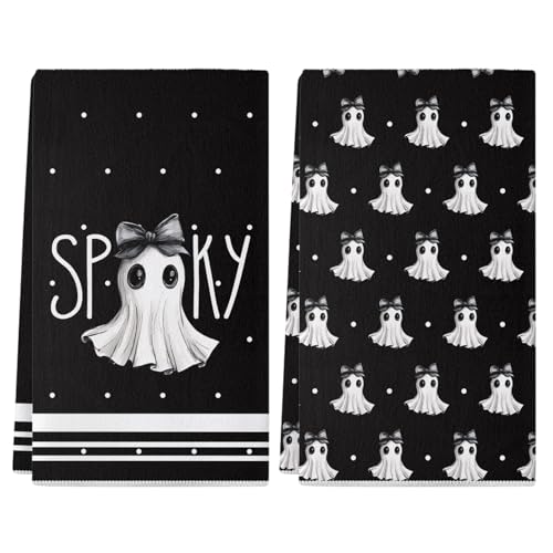 Halloween Kitchen Towels Set of 2 18x26 Inches Spooky Black Ghost Decor