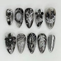 Halloween Y2K Black Press On Nails with 3D Flowers & Silver Charms - Variation 1272