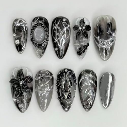 Halloween Y2K Black Press On Nails with 3D Flowers & Silver Charms - Variation 1272