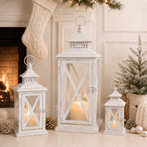 White 20”, 13”, & 9” Decorative Lantern Set - Indoor & Outdoor Candle Holders - Farmhouse Style - Variation: White / 20” & 13” & 9” / 3 Pcs