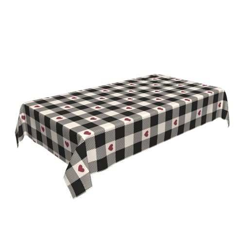 BETGINY Checkered Valentine Tablecloth 60x104 Inch Black & Red Heart Pattern