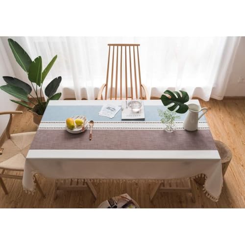 Rectangular Cotton Linen Tablecloth 55x118 Inches - Striped Waterproof Rustic Dining Cover - Coffee Blue