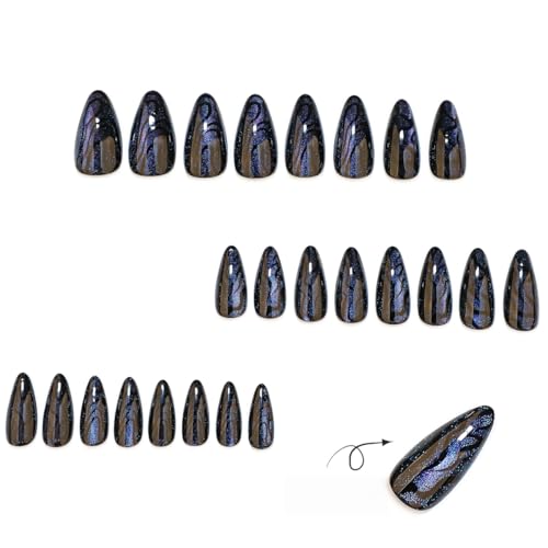 Black Press on Nails Medium Almond with Starry Sky Glitter - Style-4