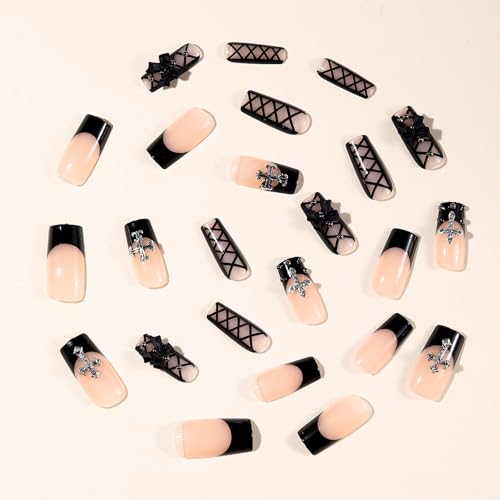 Square Press On Nails - Medium Fake Nails with Glossy Finish & Rhinestone Cross - Variation FN064A32