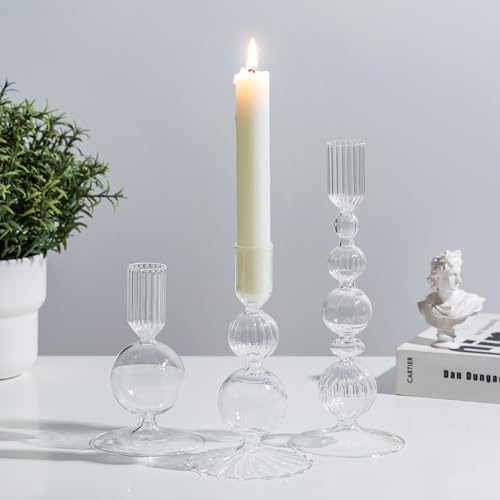 Clear Glass Candlestick Holders Set - 3 Tall Taper Candle Holders with Variation